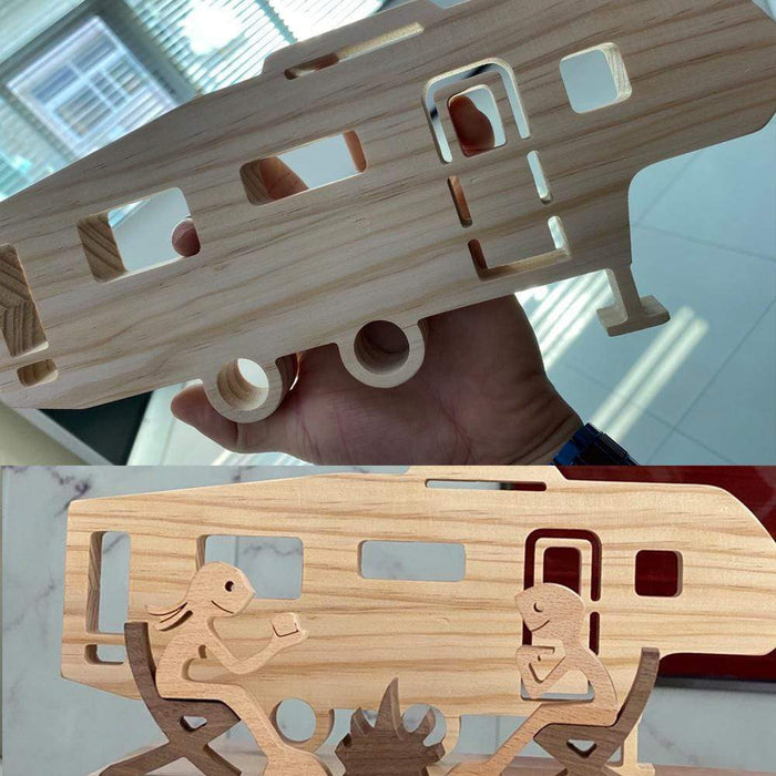Gosszy A couple campers sitting around campfire and fifth wheel trailer camping wood sculpture, Home Decor Gifts for campers W05 wood sculpture