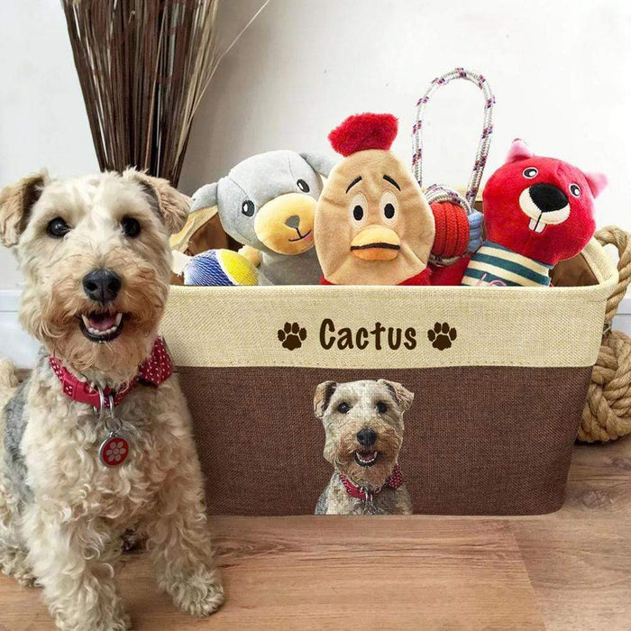 Gosszy Custom Upload Image & Name Pet Toys Bin Storage, Dog Lovers Gift, Cat Lover Gift Storage Coffee / 15*10.6*9.4 Inch / Cotton and Linen