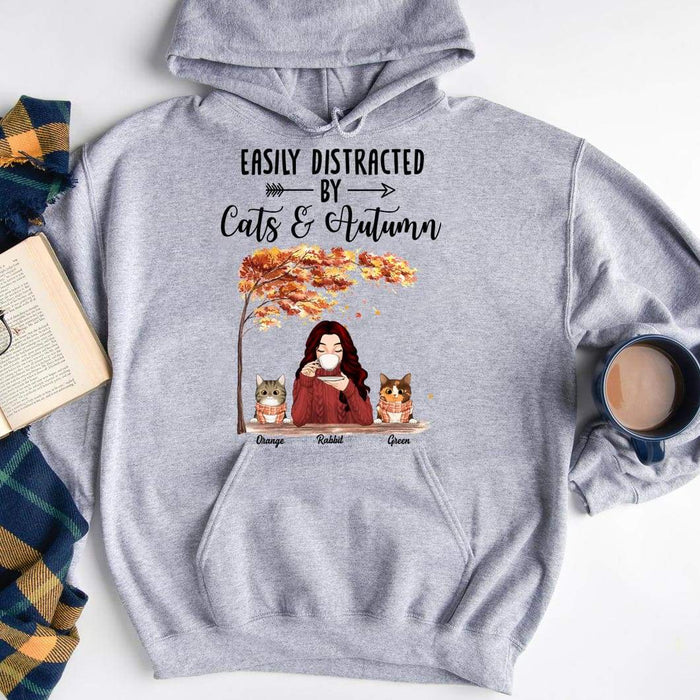 Gosszy Easily Distracted By Cat And Autumn Shirt, Cat Lover Gift Tshirt Pullover Hoodie / Sport Grey Color / S