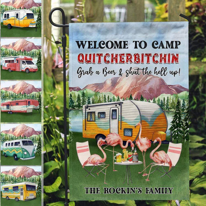 Gosszy Flamingo Welcome To Camp Garden Flag, Camping Gift, 12x18 Inch Garden Flag Without Pole / 12x18 Inch / Polyester