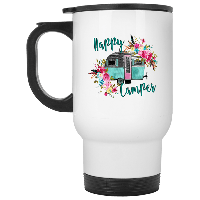 CustomCat Gosszy - Happy camper White Travel Mug Drinkware White / One Size