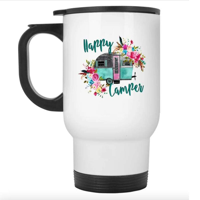 CustomCat Gosszy - Happy camper White Travel Mug Drinkware White / One Size