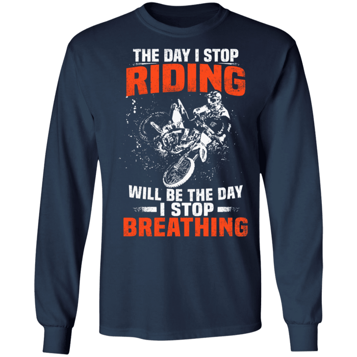 CustomCat Gosszy - The Day I Stop Riding Apparel G240 LS Ultra Cotton T-Shirt / Navy / S