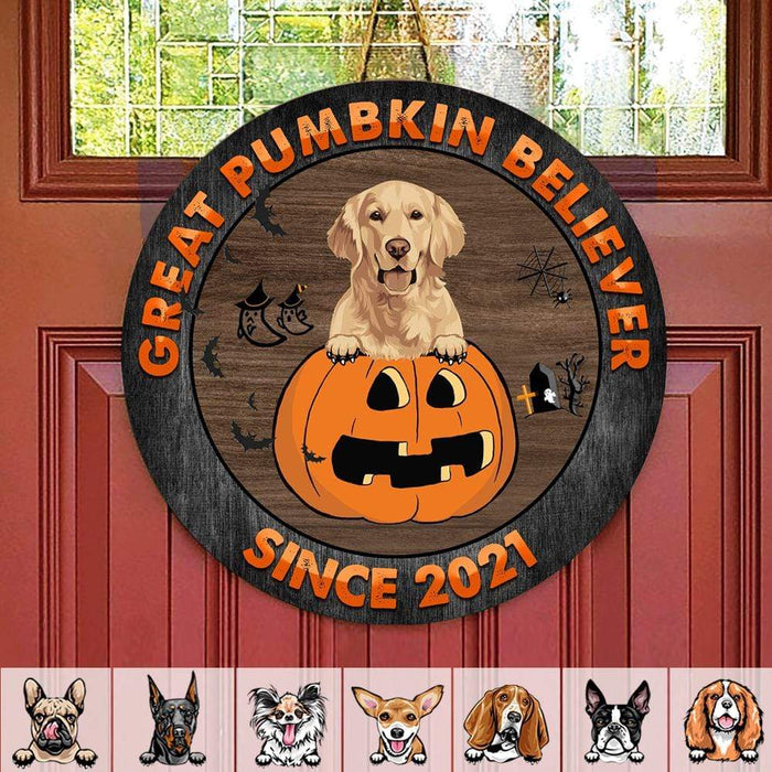 Gosszy Great Pumbkin Belivever Upload imange Wood Door Sign, Halooween Gift Door Sign