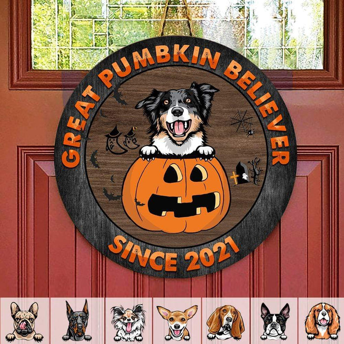 Gosszy Great Pumbkin Belivever Upload imange Wood Door Sign, Halooween Gift Door Sign