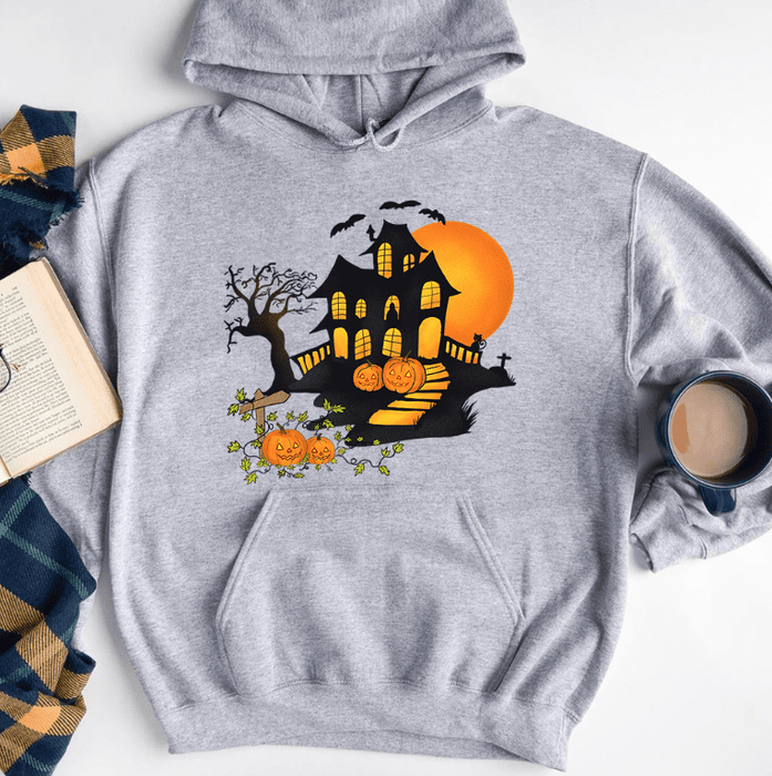 Gosszy Halloween Moon Silhouette, Cat Lover Gift, Halloween Gift, T-shirt/Hoodie Tshirt Pullover Hoodie / Sport Grey Color / S