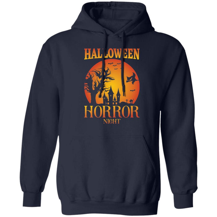 CustomCat Halloween T-shirt, Silhouette Horror Night, Happy Halloween Tshirt Pullover Hoodie / Navy / S