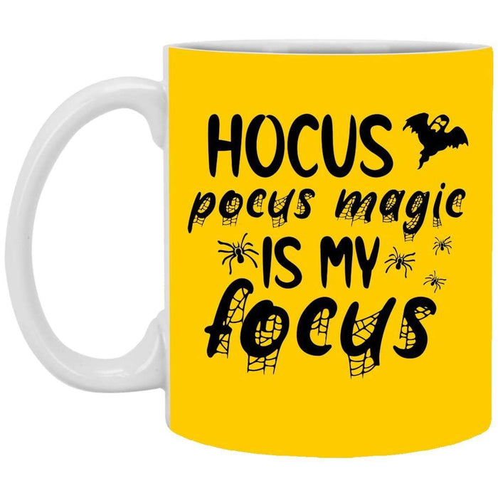 CustomCat Hocus Pocus Magic Is My Focus Coffee Mug, Halloween Gift Mug 11 oz. White Mug / Gold / One Size