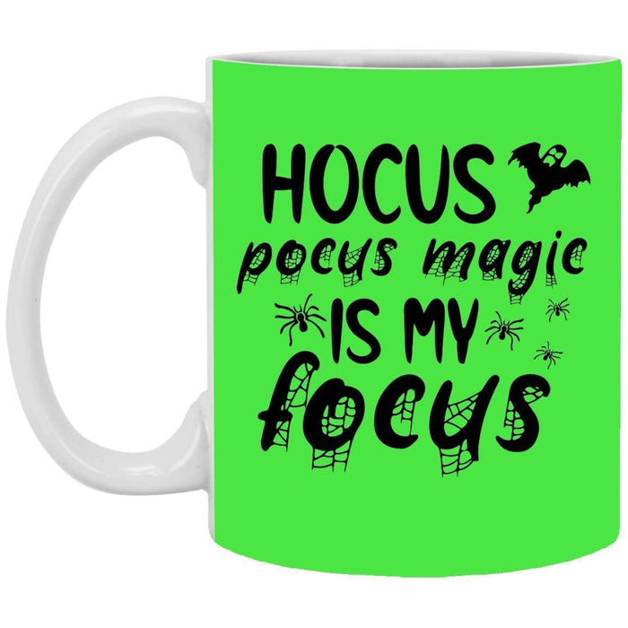 CustomCat Hocus Pocus Magic Is My Focus Coffee Mug, Halloween Gift Mug 11 oz. White Mug / Green / One Size