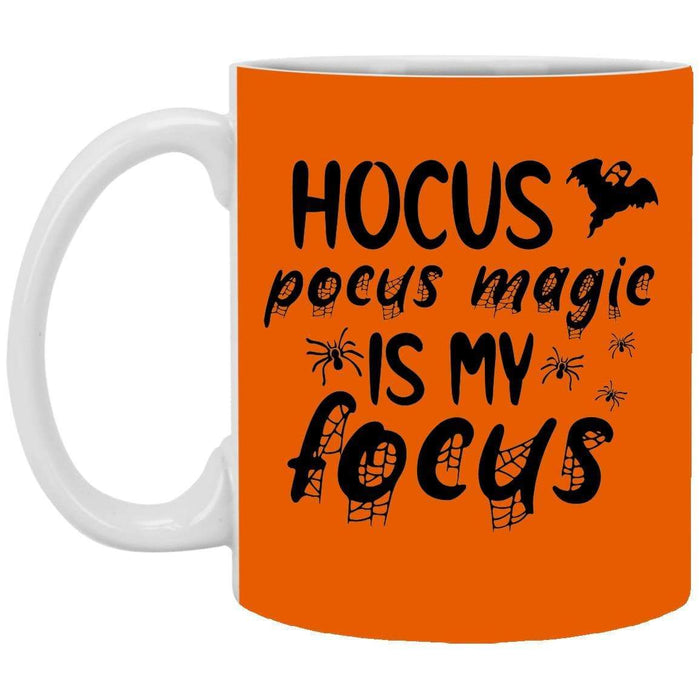 CustomCat Hocus Pocus Magic Is My Focus Coffee Mug, Halloween Gift Mug 11 oz. White Mug / Orange / One Size