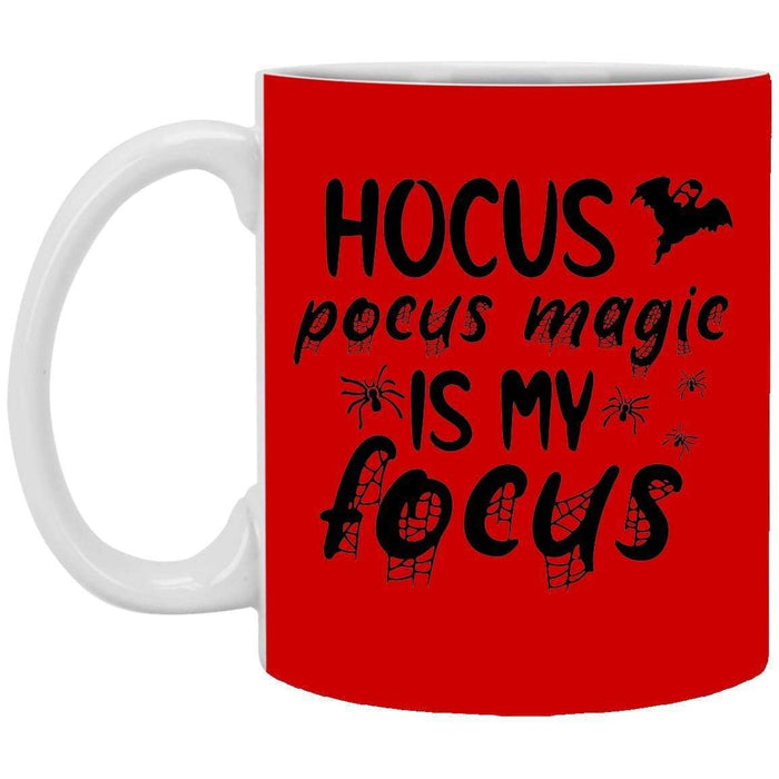 CustomCat Hocus Pocus Magic Is My Focus Coffee Mug, Halloween Gift Mug 11 oz. White Mug / Red / One Size