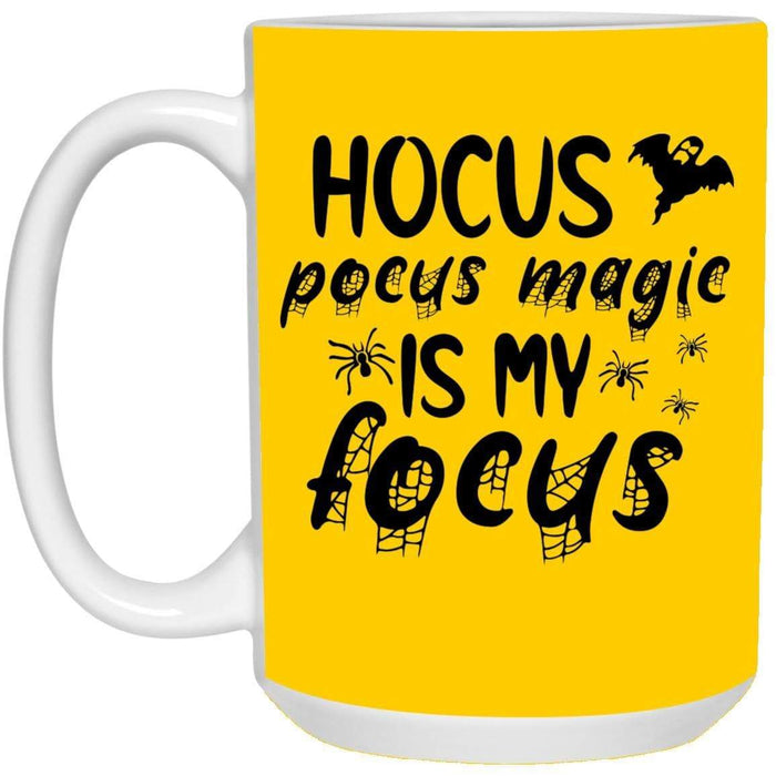 CustomCat Hocus Pocus Magic Is My Focus Coffee Mug, Halloween Gift Mug 15 oz. White Mug / Gold / One Size