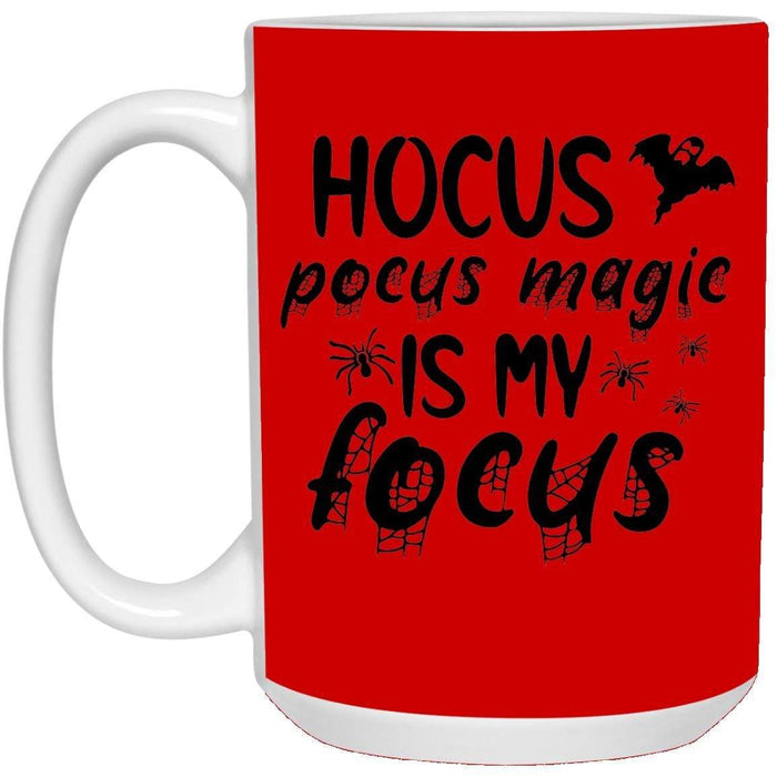 CustomCat Hocus Pocus Magic Is My Focus Coffee Mug, Halloween Gift Mug 15 oz. White Mug / Red / One Size