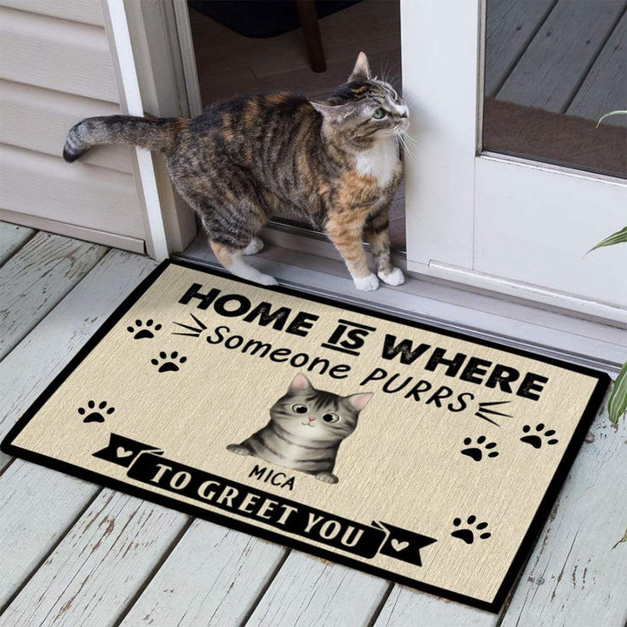 Gosszy Home Is Where Someone Purrs To Greet You, Cat Doormat, Housewarming Gift, Cat Lover Gift Doormat