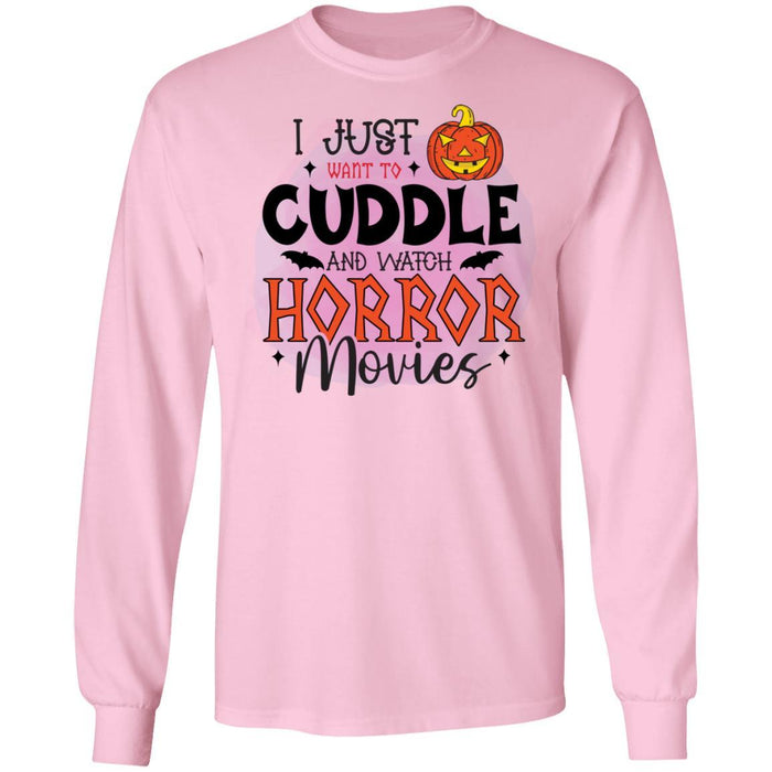 CustomCat I Just Want To Cuddle And Witch Horror Movies Halloween Shirts Apparel G240 LS Ultra Cotton T-Shirt / Light Pink / S