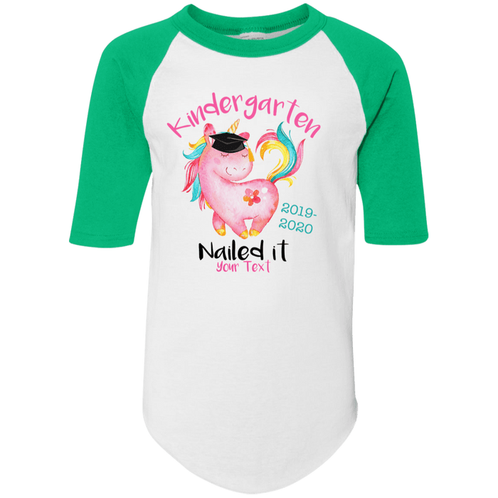 CustomCat Kindergarten Nailed it Tshirt, Graduation Day, Senior Gift Apparel 4421 Youth Colorblock Raglan Jersey / White/Kelly / YS