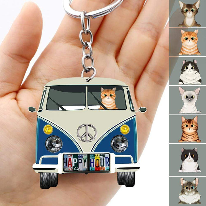 Gosszy Licensed Plate Hippie Vintage Van Cat Camping Acrylic Keychain, Cat Lover Gift Keychain Acrylic