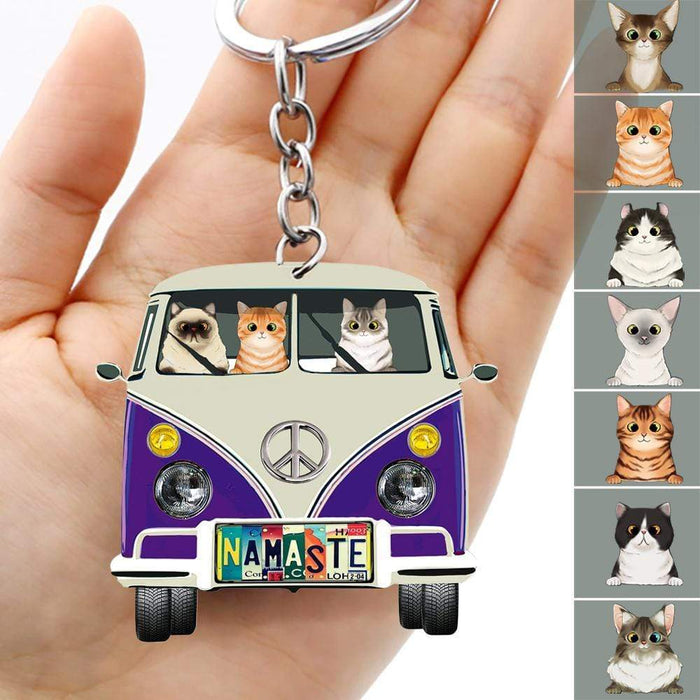 Gosszy Licensed Plate Hippie Vintage Van Cat Camping Acrylic Keychain, Cat Lover Gift Keychain Acrylic
