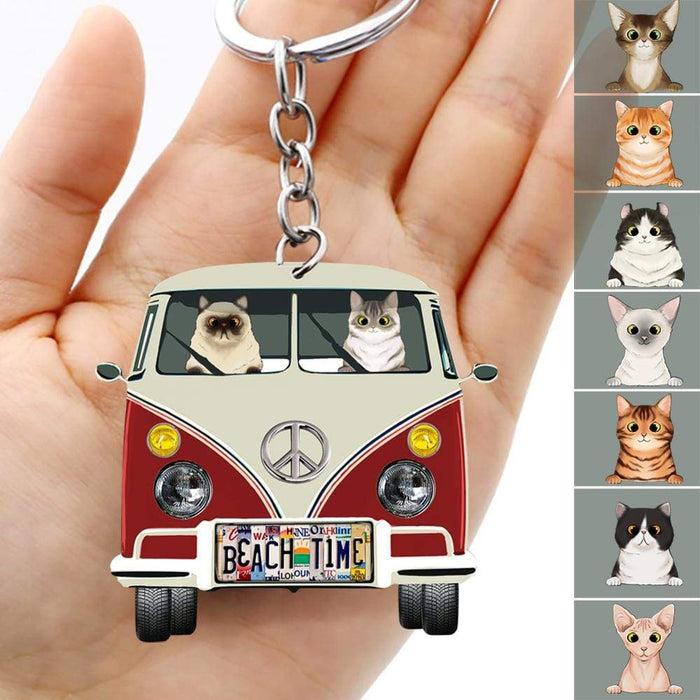 Gosszy Licensed Plate Hippie Vintage Van Cat Camping Acrylic Keychain, Cat Lover Gift Keychain Acrylic 50mm x 50mm / 1 Piece
