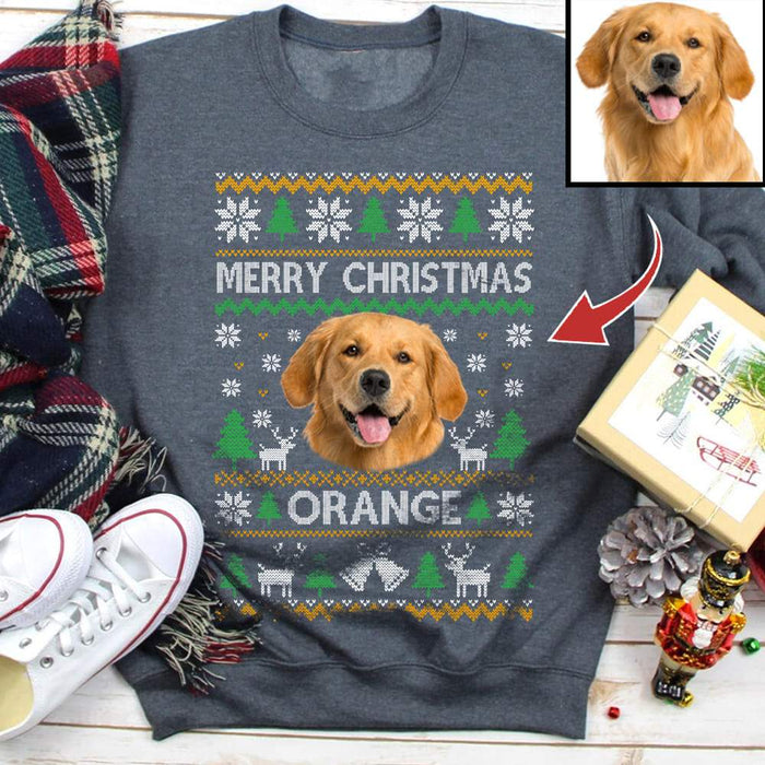 Gosszy Merry Christmas Custom Photo T-shirt, Dog Love Gift, Cat Love Gift, Upload Pet Christmas sweatshirt Tshirt Pullover Hoodie / Black Color / S