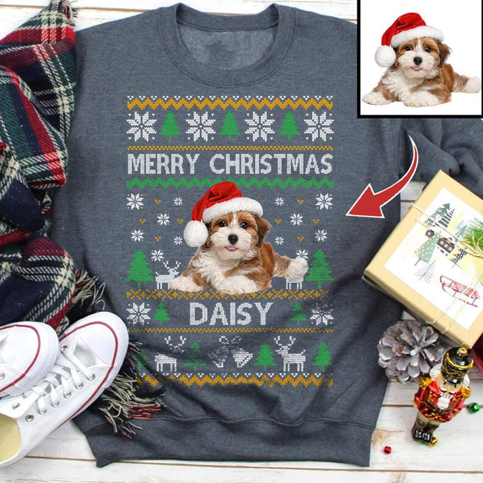 Gosszy Merry Christmas Custom Photo T-shirt, Dog Love Gift, Cat Love Gift, Upload Pet Christmas sweatshirt Tshirt Sweatshirt / Dark Heather Color / S