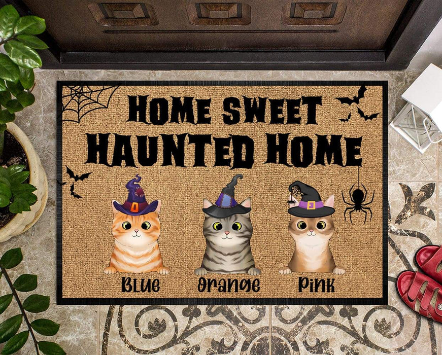 Gosszy Personalized Custom Doormat, Cat Lover Gift, Home Sweet Haunted Home Cat Doormat, Cat Halloween Doormat Doormat