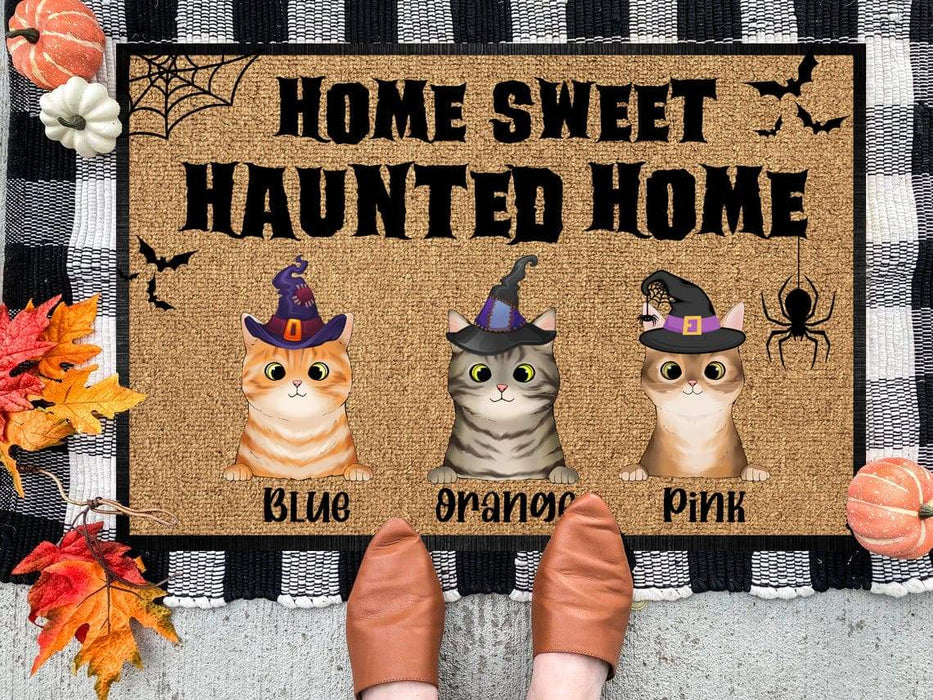 Gosszy Personalized Custom Doormat, Cat Lover Gift, Home Sweet Haunted Home Cat Doormat, Cat Halloween Doormat Doormat