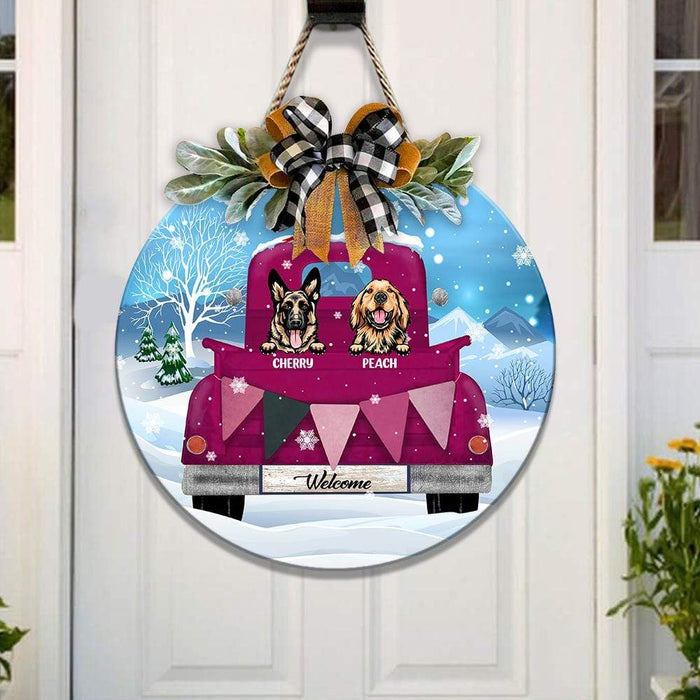 Gosszy Red Truck Custom Dog Breeds Sign For Dog Lover On Christmas Day Flower Door Sign 12 Inch