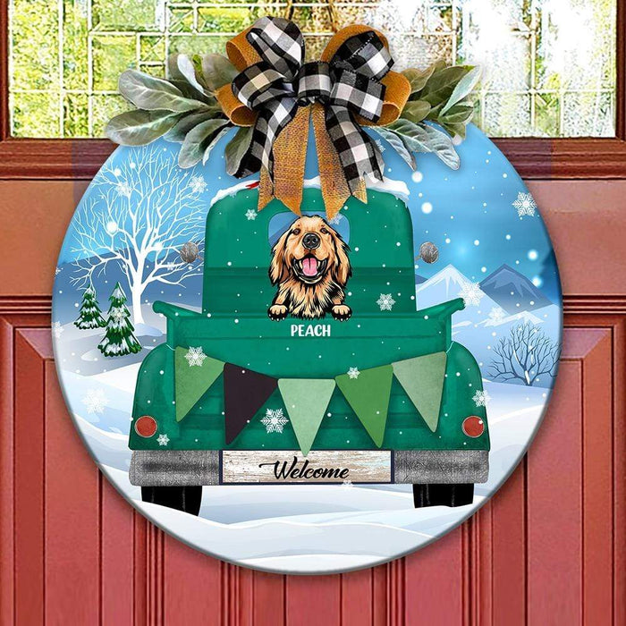 Gosszy Red Truck Custom Dog Breeds Sign For Dog Lover On Christmas Day Flower Door Sign 12 Inch