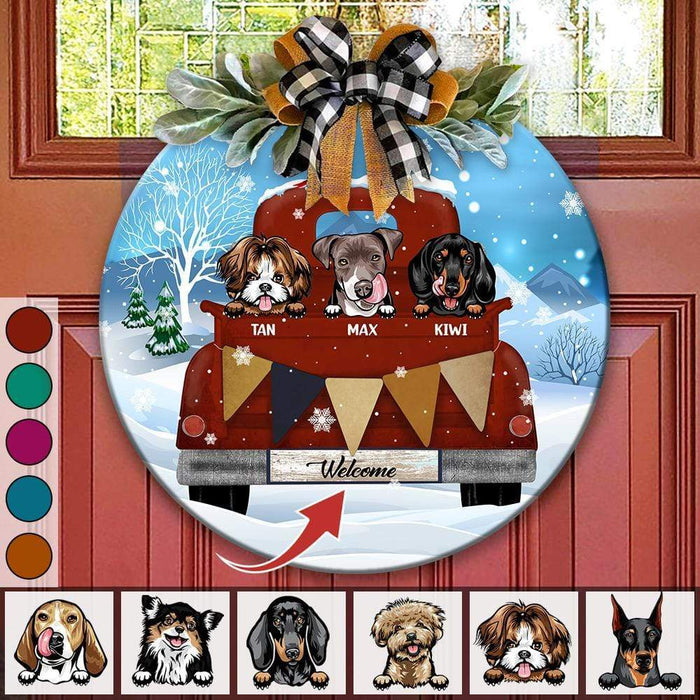 Gosszy Red Truck Custom Dog Breeds Sign For Dog Lover On Christmas Day Flower Door Sign 12 Inch