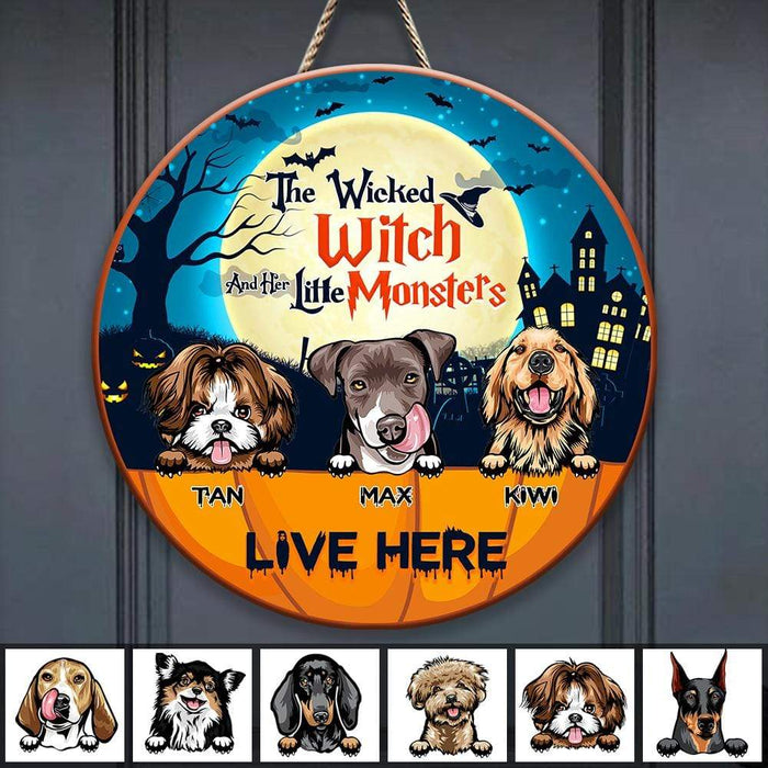 Gosszy The Wicked Witch And Her Little Monsters Live Here Door Sign, Dog Lover Gift, Halloween Gift Door Sign 12 Inch