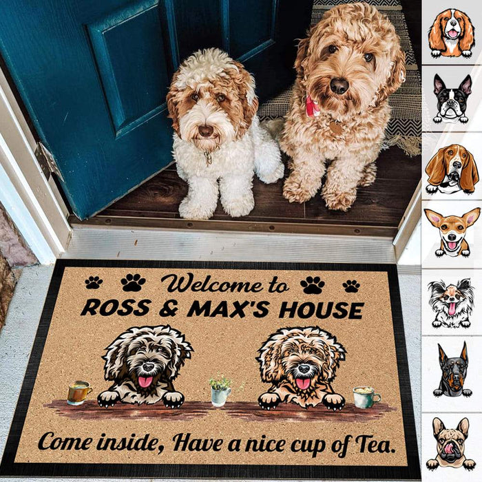 Gosszy Welcome To Dog House Come inside Have Nice a Cup of Tea Doormat, Dog Lover Gift, Welcome Mats Doormat 15" x 24" / Top: Non-Woven Fabric