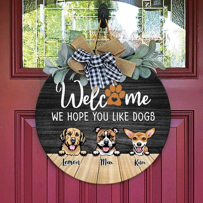 Gosszy Welcome We Hope You Like Dog Wood Door Sign, Dog Lover Gift, Front Door Wreath Flower Door Sign 12 Inch