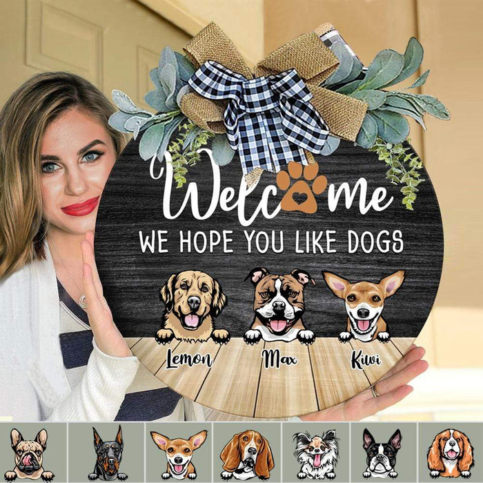 Gosszy Welcome We Hope You Like Dog Wood Door Sign, Dog Lover Gift, Front Door Wreath Flower Door Sign 12 Inch