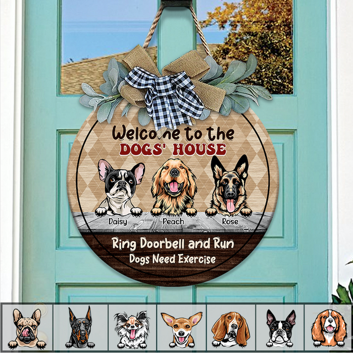 Welcome Ring Doorbell & Run Dog Wooden Door Sign With Wreath, Dog Lover Gift, Dog Door Hanger