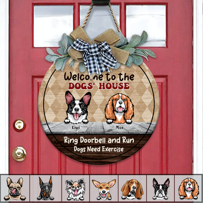 Welcome Ring Doorbell & Run Dog Wooden Door Sign With Wreath, Dog Lover Gift, Dog Door Hanger