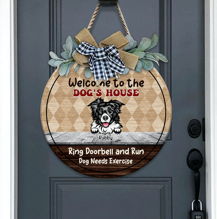 Welcome Ring Doorbell & Run Dog Wooden Door Sign With Wreath, Dog Lover Gift, Dog Door Hanger