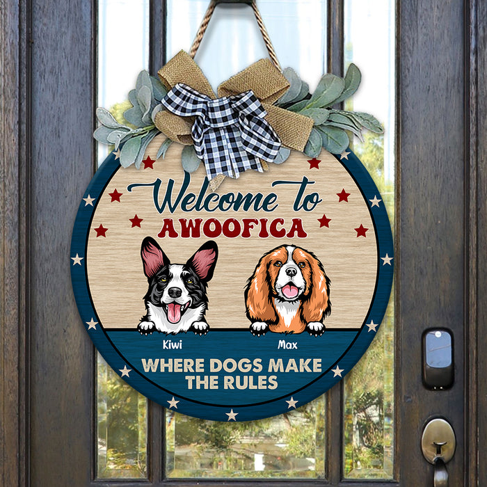 Welcome To Awoofica Dog Wooden Door Sign With Wreath, Dog Lover Gift, Door Hanger