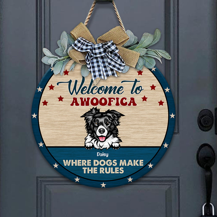 Welcome To Awoofica Dog Wooden Door Sign With Wreath, Dog Lover Gift, Door Hanger