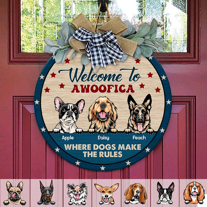 Welcome To Awoofica Dog Wooden Door Sign With Wreath, Dog Lover Gift, Door Hanger