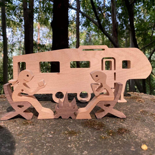 Gosszy A couple campers sitting around campfire and fifth wheel trailer camping wood sculpture, Home Decor Gifts for campers W05 wood sculpture