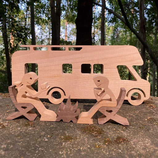 Gosszy A couple campers sitting around campfire and motorhome camping wood sculpture, Home Decor Gifts for campers W06 wood sculpture