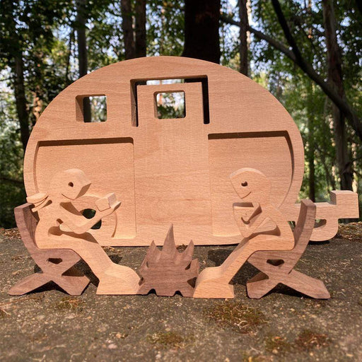 Gosszy A couple campers sitting around campfire and small trailer camping wood sculpture, Home Decor Gifts for campers W07 wood sculpture
