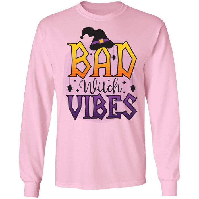 CustomCat Bad Witch Vibes Halloween Shirts, Halloween Gift, Funny Halloween Shirt Apparel G240 LS Ultra Cotton T-Shirt / Light Pink / S