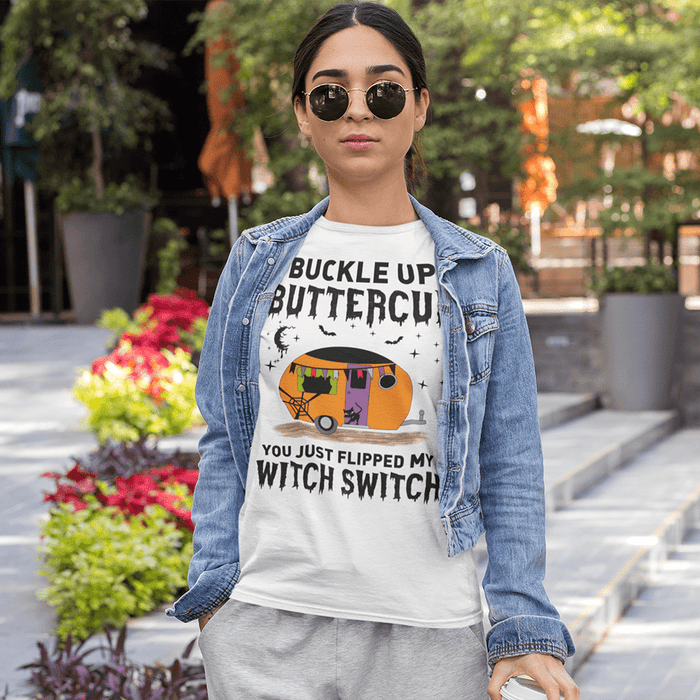 Gosszy Buckle Up Buttercup Tshirt, Camping Gift, Halloween Gift Tshirt