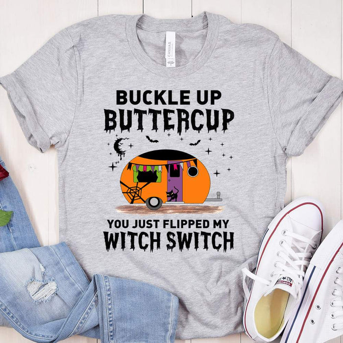 Gosszy Buckle Up Buttercup Tshirt, Camping Gift, Halloween Gift Tshirt Basic Tee / White / S