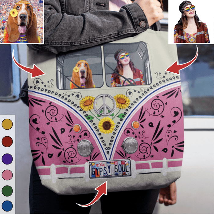 Gosszy Custom Photo Dog Tote Bag For Hippie, Dog Lover Gift Tote Bag