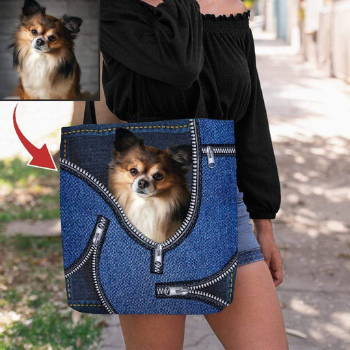 Gosszy Custom Upload Photo Dog Jean Zipper Tote Bag, Best Gift For Puppy Owner, Dog Lover Gift Tote Bag 13x13 in