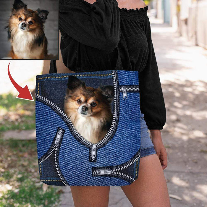 Gosszy Custom Upload Photo Dog Jean Zipper Tote Bag, Best Gift For Puppy Owner, Dog Lover Gift Tote Bag 13x13 in