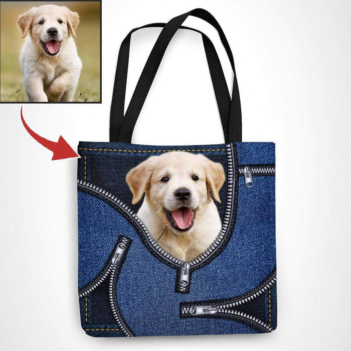 Gosszy Custom Upload Photo Dog Jean Zipper Tote Bag, Best Gift For Puppy Owner, Dog Lover Gift Tote Bag